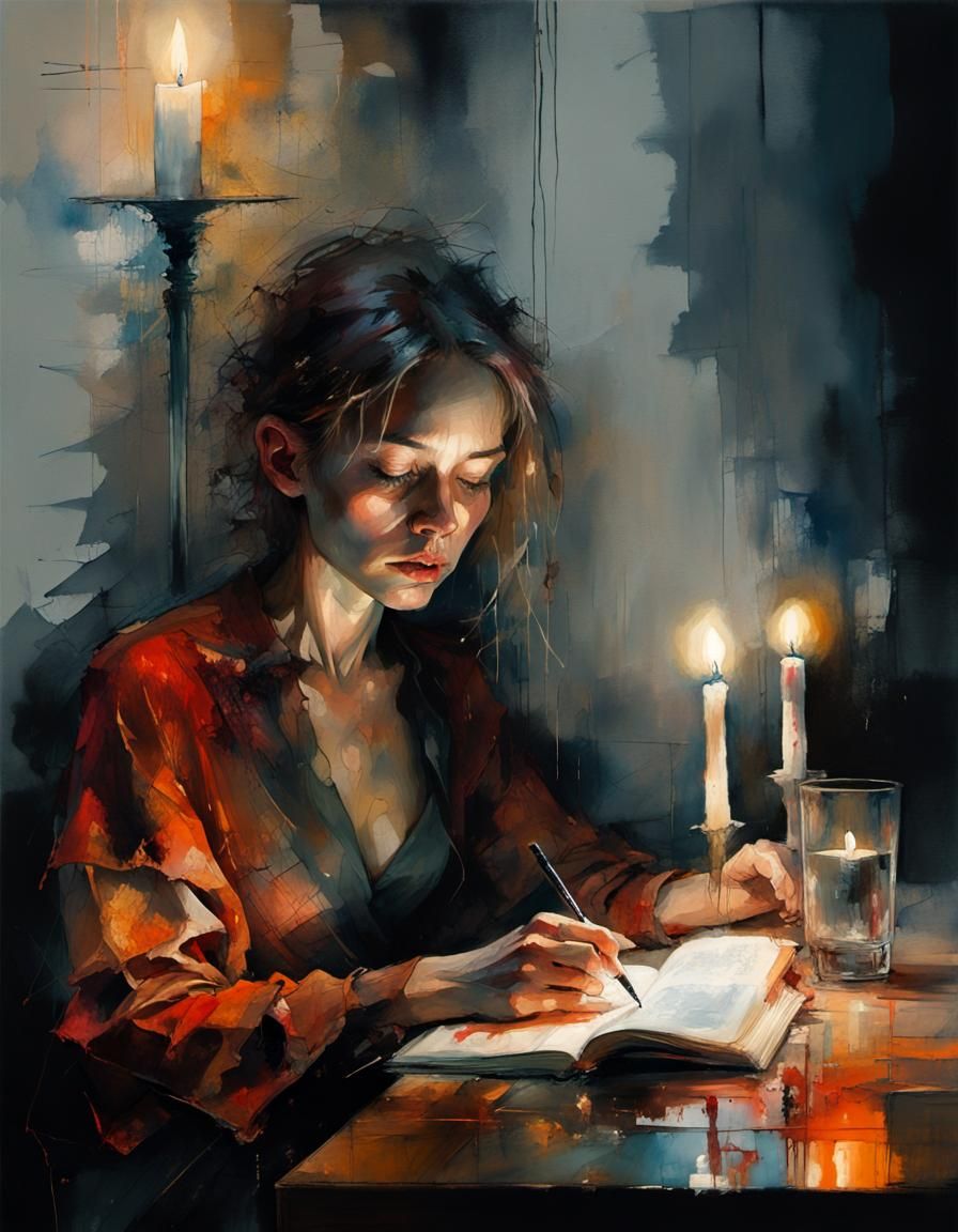 Candlelit Reader in Dark Room: Alcohol Ink Art