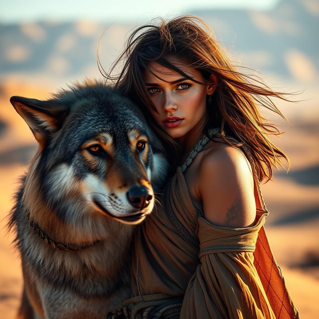 Ancient Huntress and Wolf in Desert Landscape