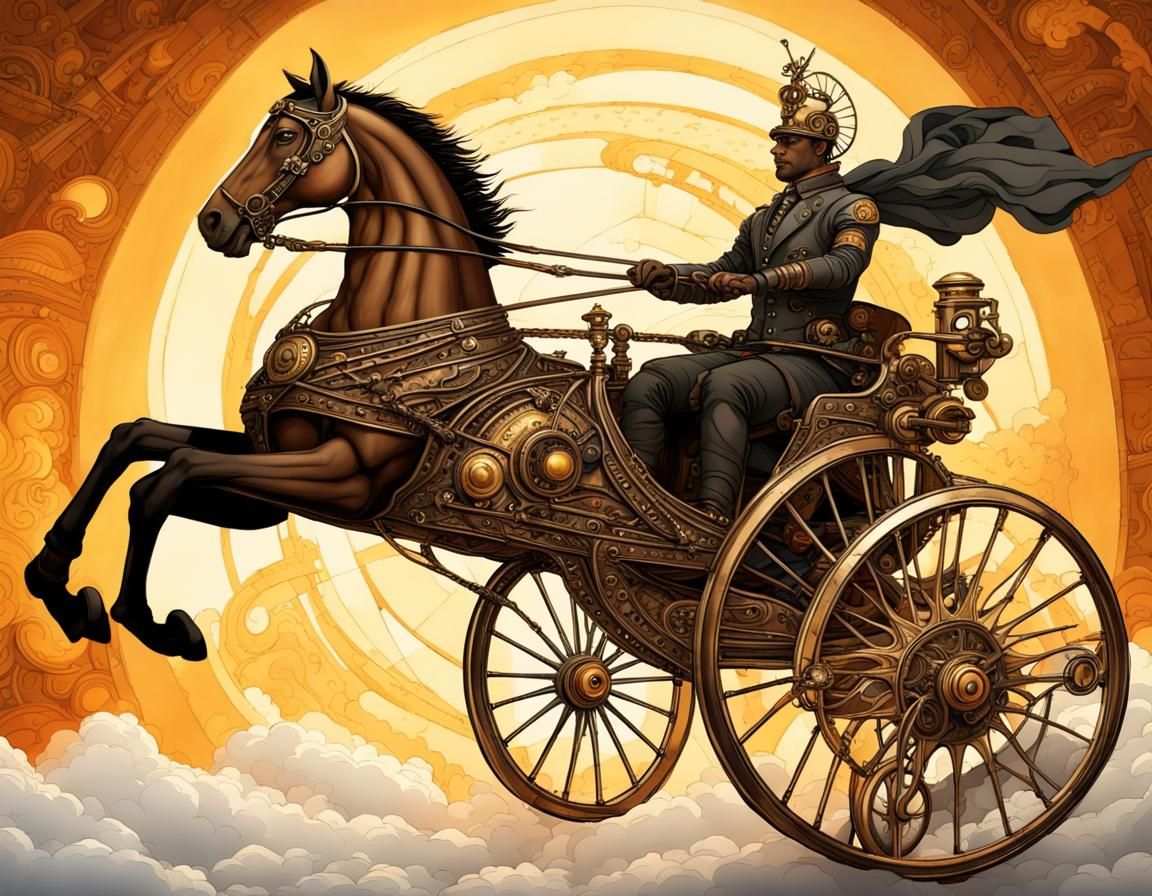 Steampunk Sun God in Chariot Pulled by Horse