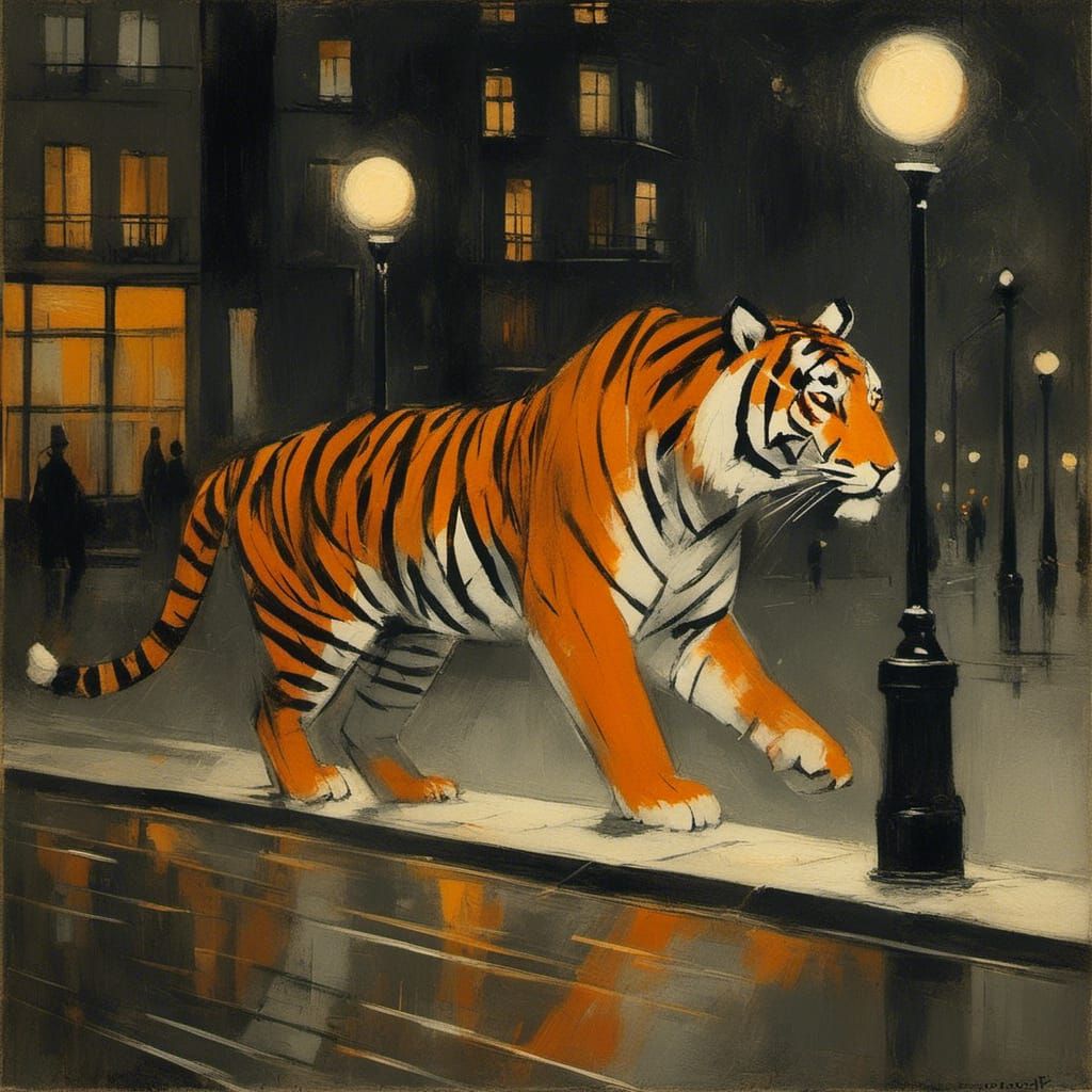Tiger Roaming Paris at Night