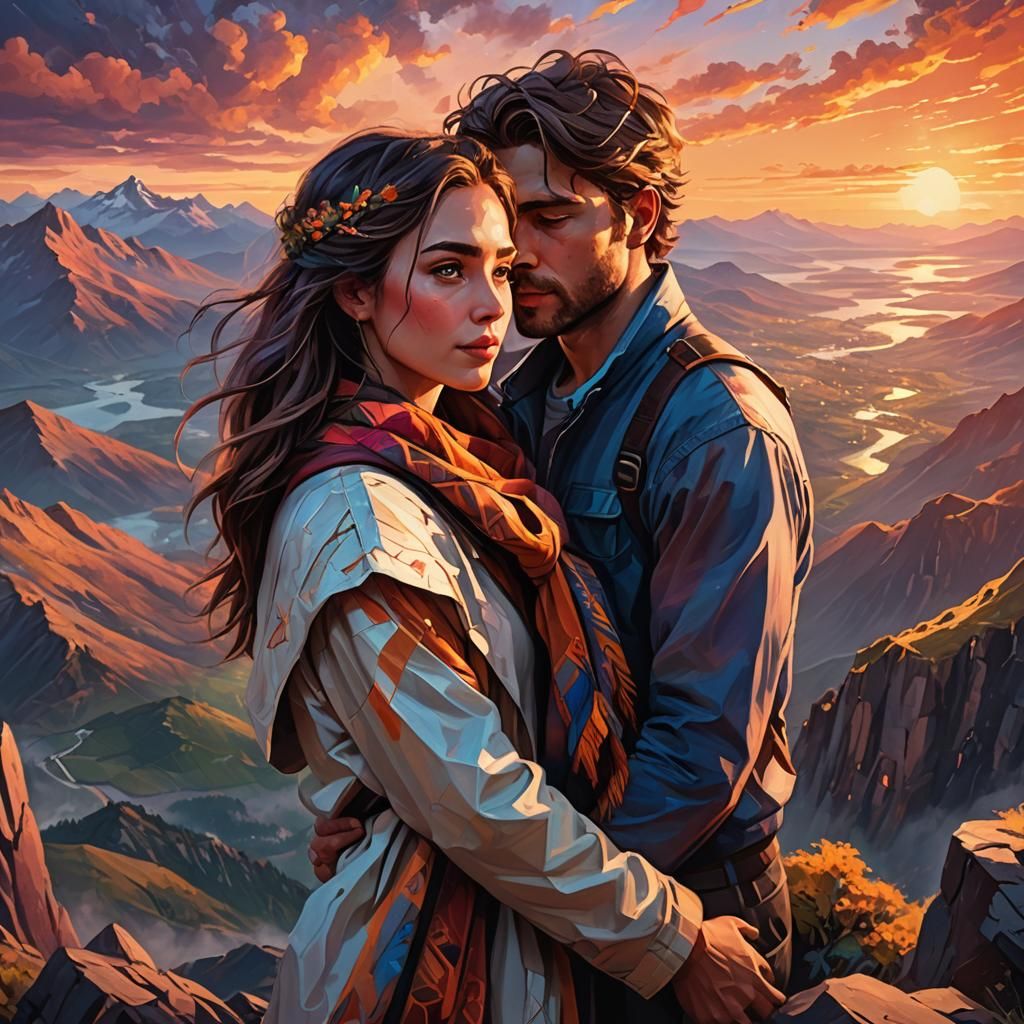 Couple Embrace at Sunset: Oil Painting