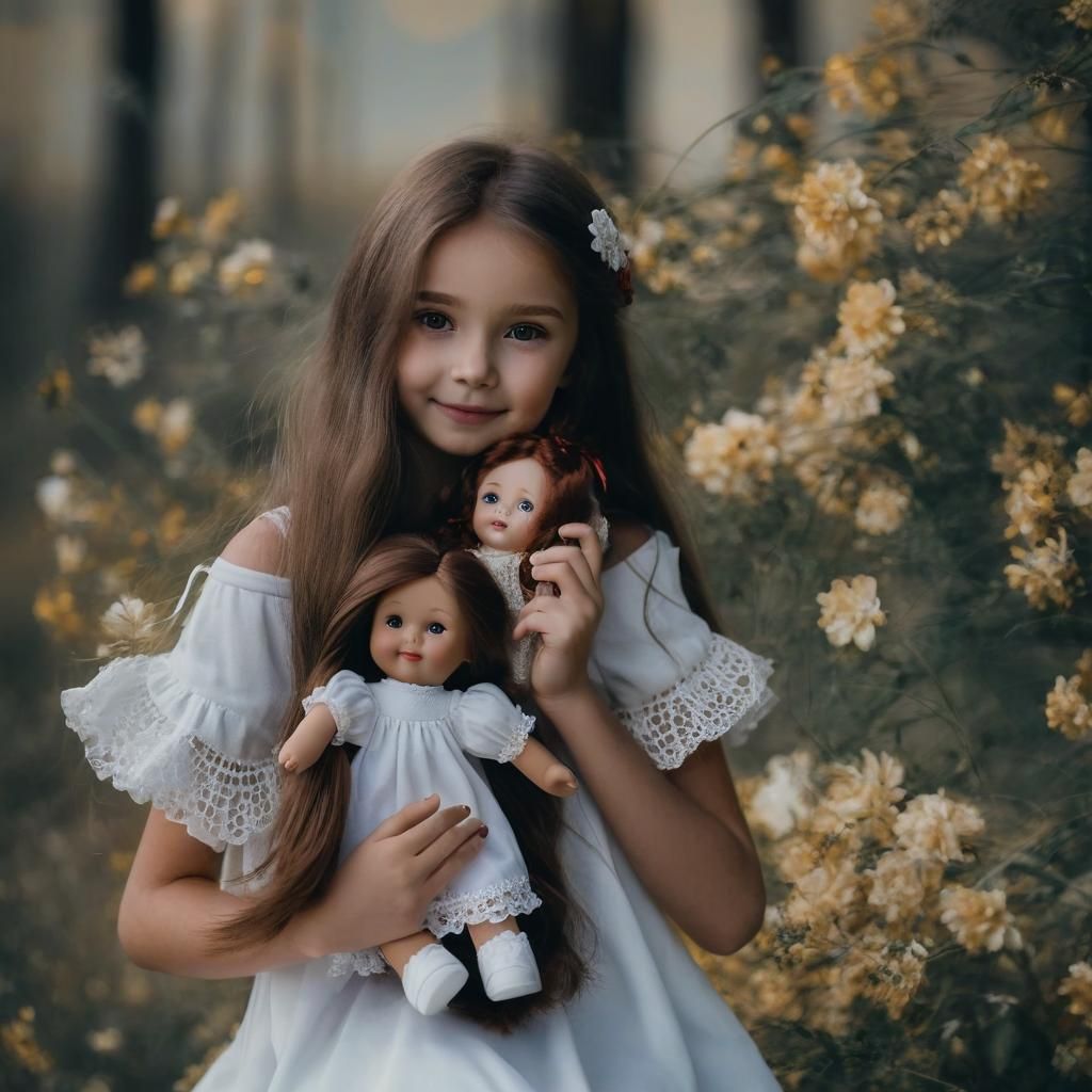 Girl in White Dress Embracing Doll