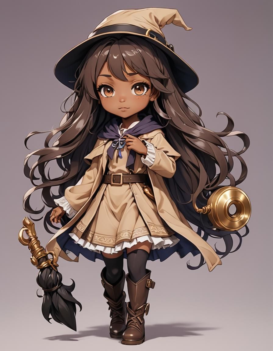 Chibi African American Witch in Anime Style
