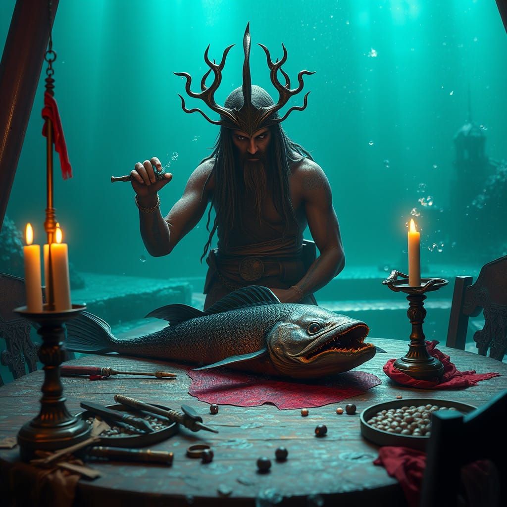 Hunter's Table with a Dead Merman, Fantastical Fantasy Artwo...