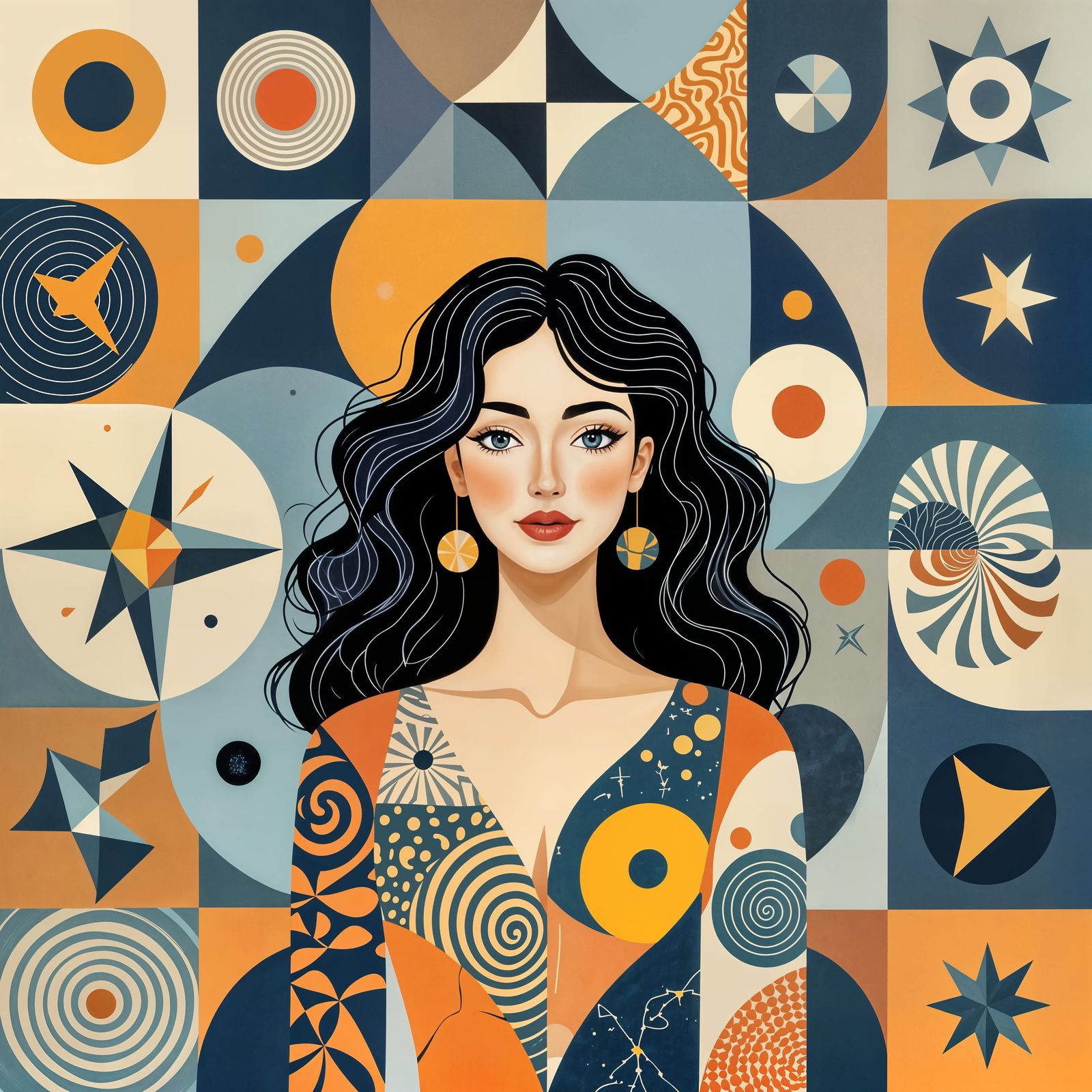 Abstract Geometric Forms with Ink-Drawn Woman