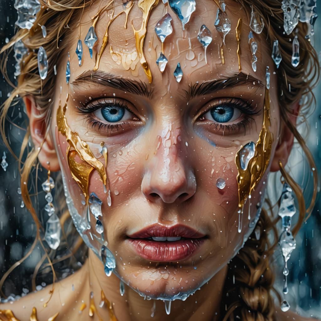 Painted Woman with Frozen Tears in Oil Painting Style