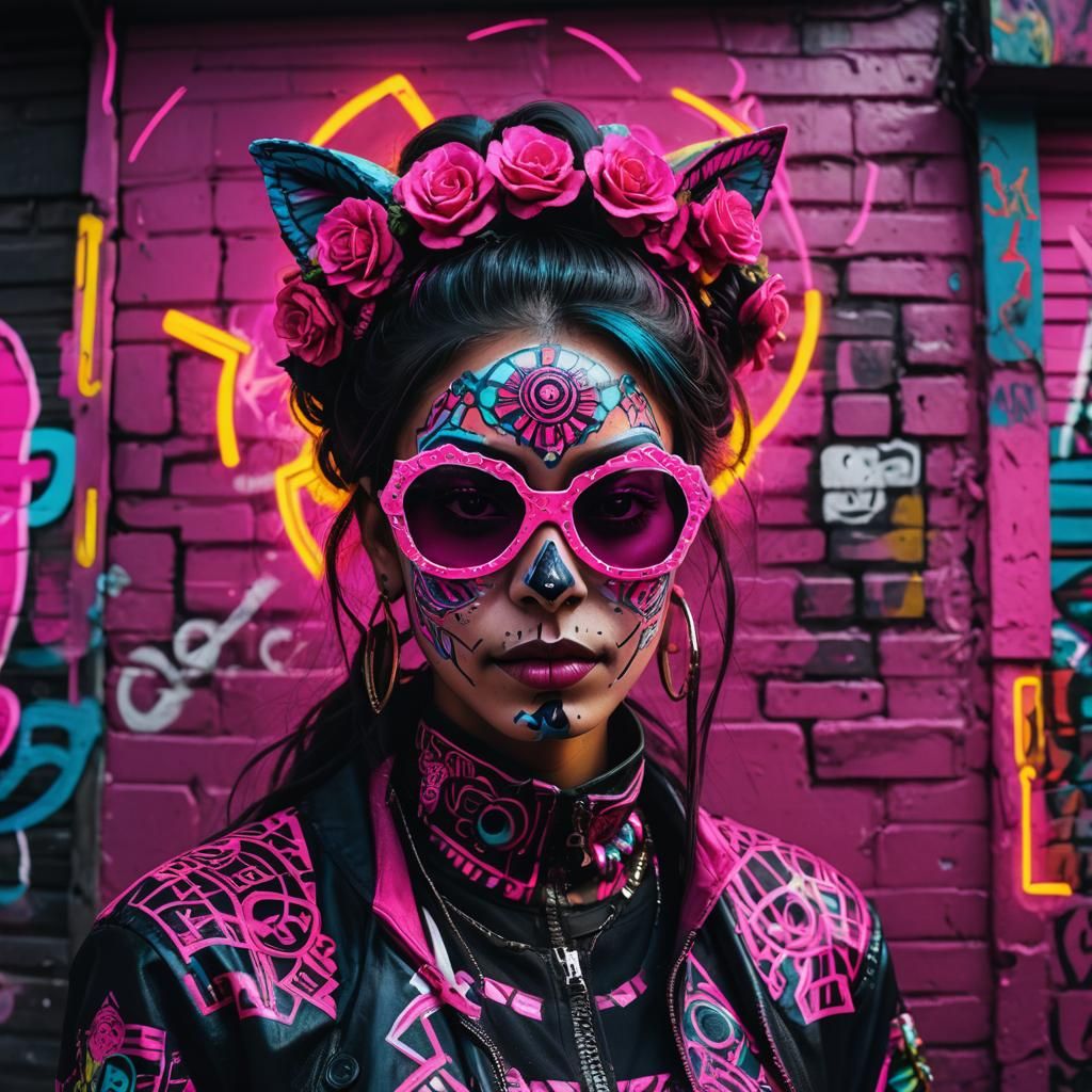 Cyberpunk Catrina Portrait with Neon Graffiti