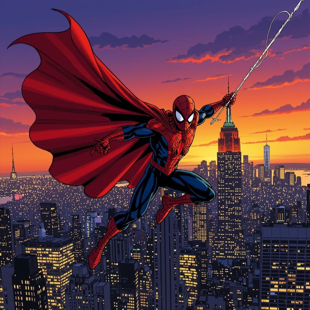 Spider-Man Soars in Scarlet Cape Over NYC Skyline