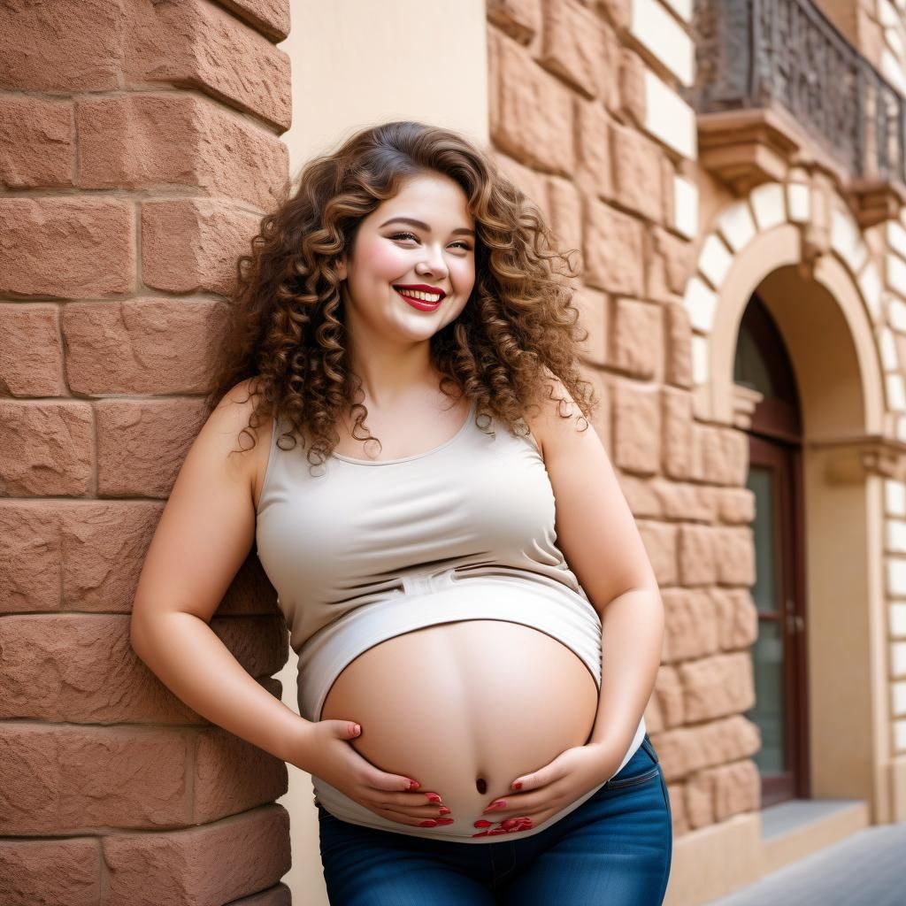 Pregnant Woman with Curly Hair and Makeup