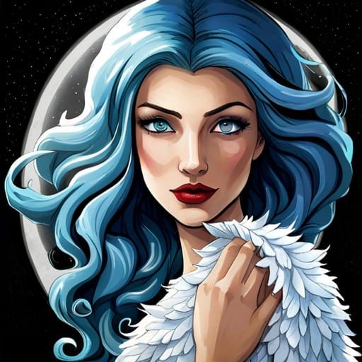 Girl with Blue Hair Gazing at Stars, Gothic Art
