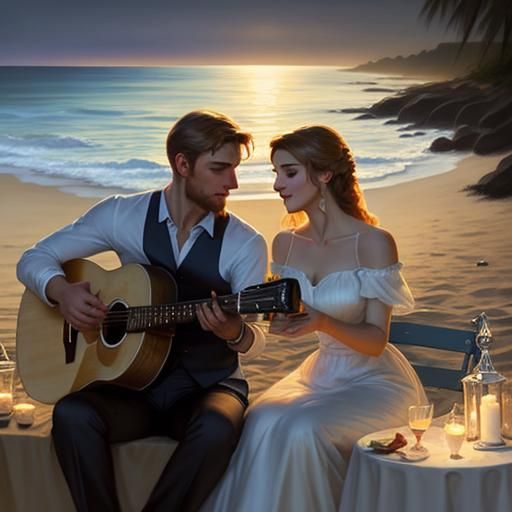 Romantic candlelit dinner picnic with moonlight. young couple on the beach, the man playing guitar.
a candlelit dinner....