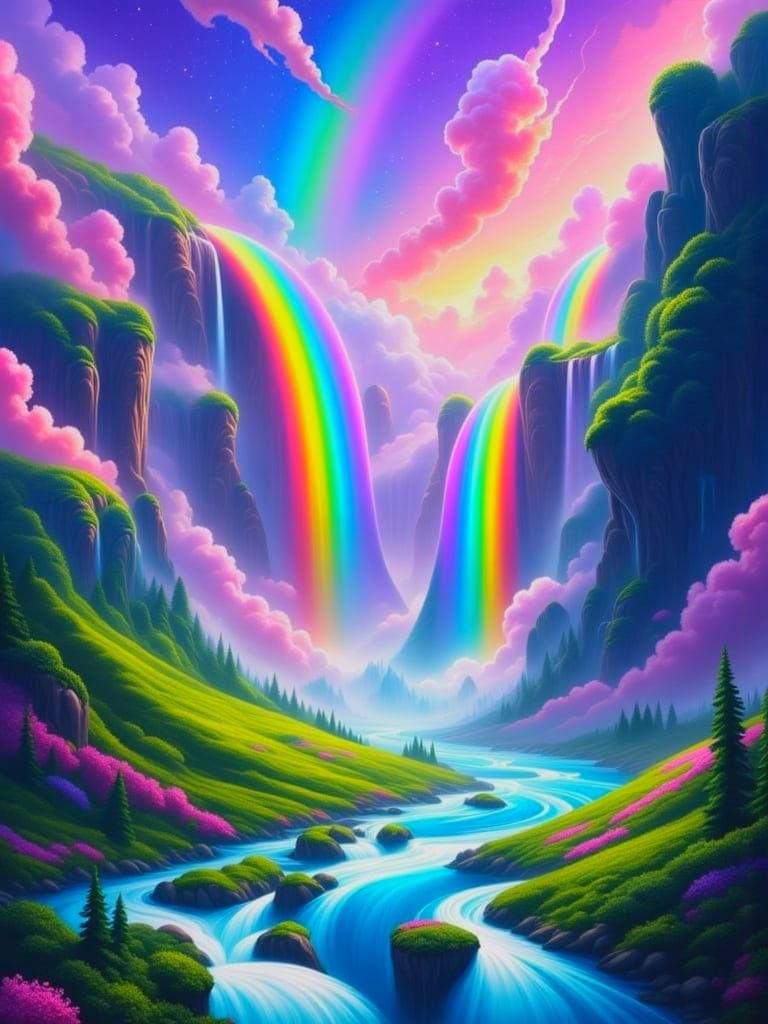 Gravity Reversal Wonderland with Sparkling Rainbow Falls