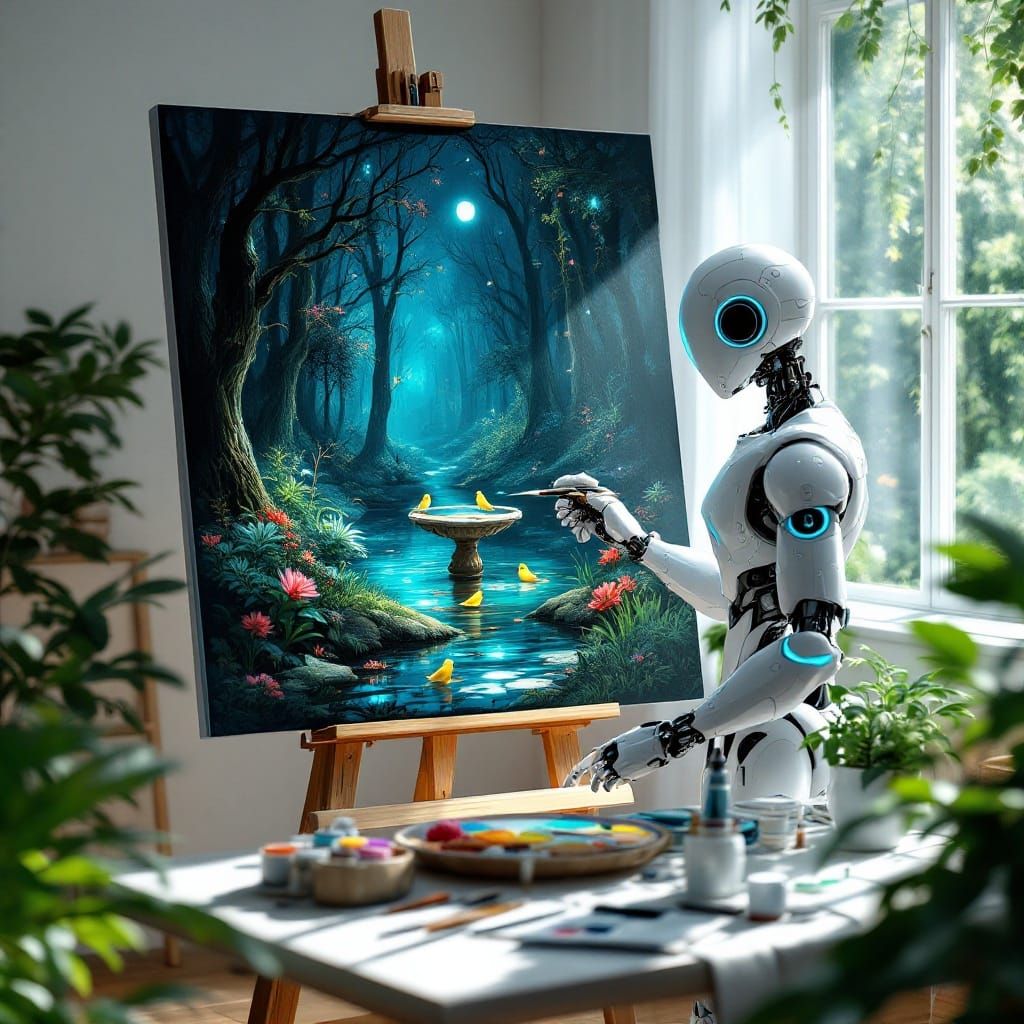 White Robot Paints Mystical Forest in 3D Anime Style
