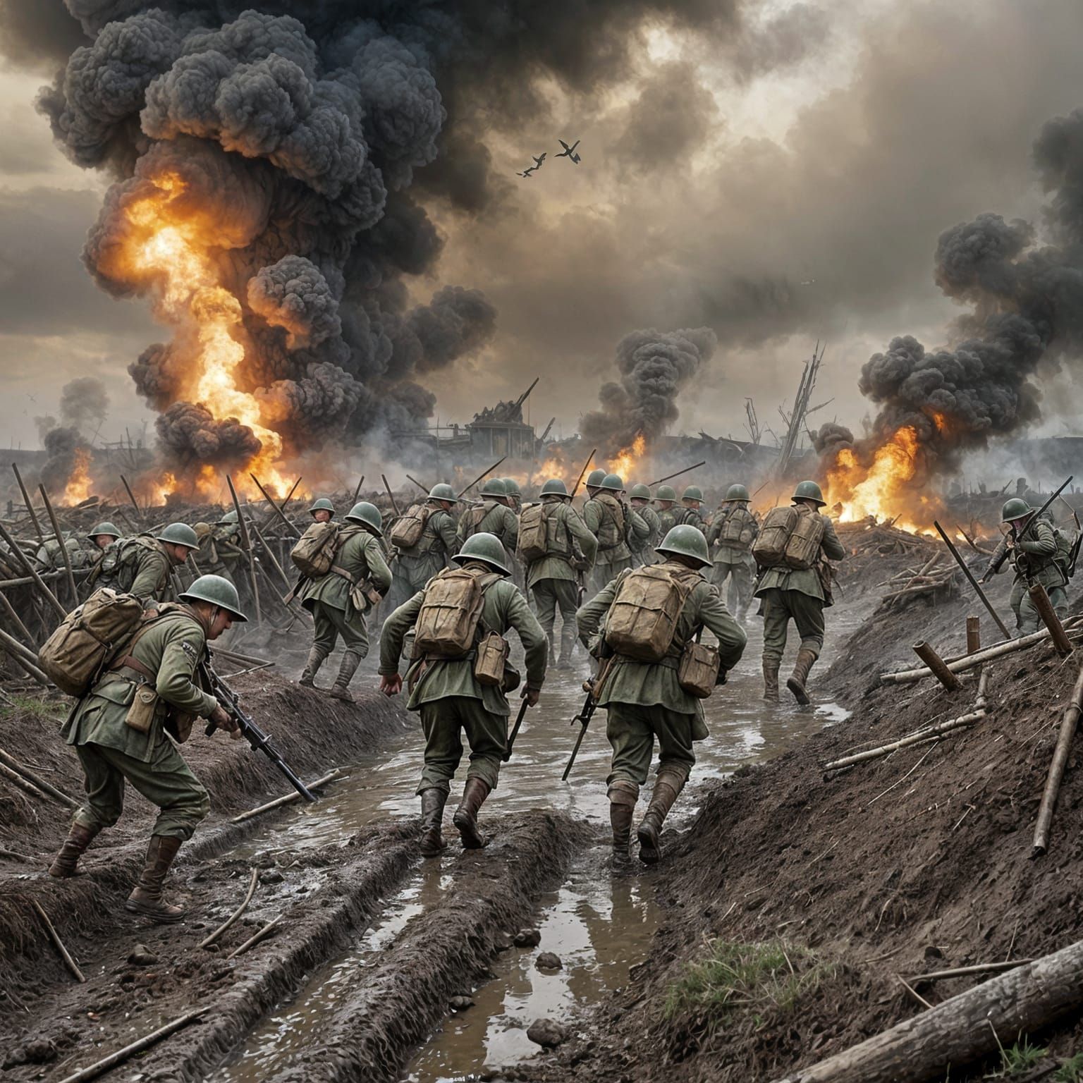 WWI Trench Warfare Battle Scene Oil Painting