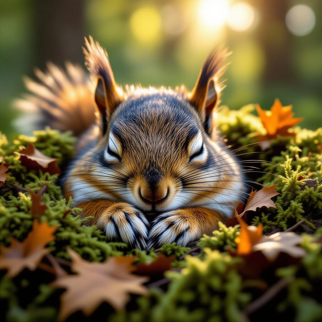 A close-up of a squirrel's face as it peacefully sleeps in a nest lined with soft moss and fallen leaves. Sunlight filte...