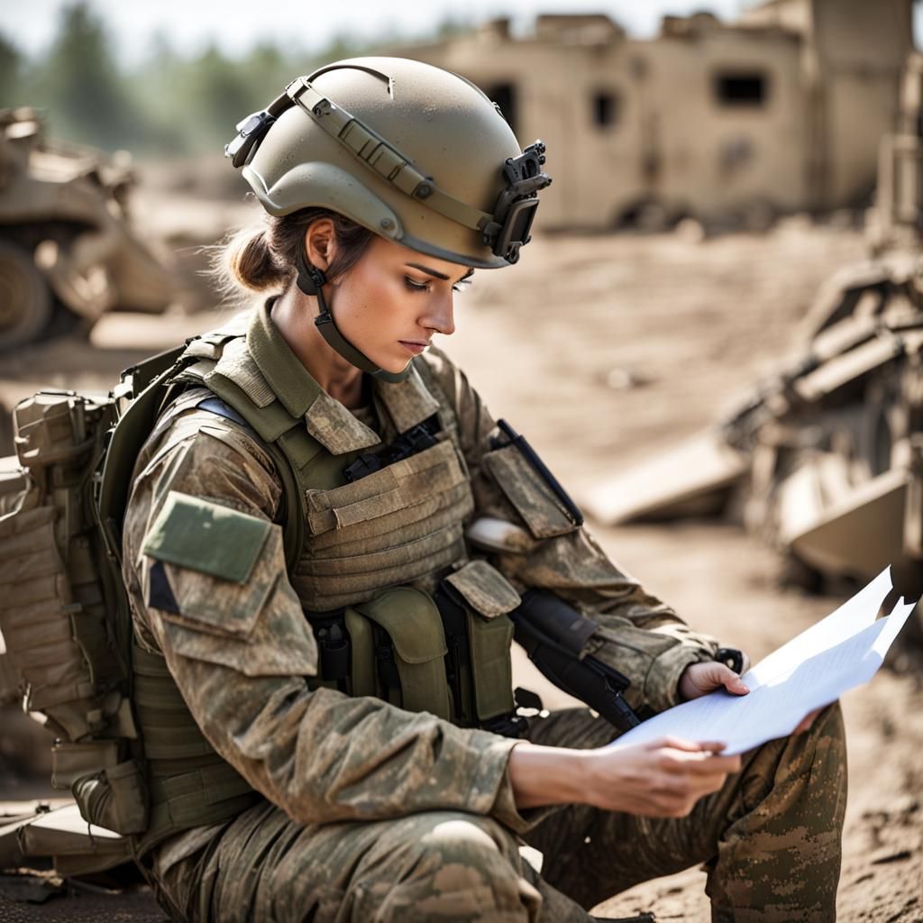 Female Soldier Reads Letter in War Zone