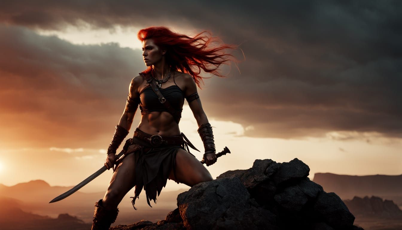 Barbarian Goddess Embracing a Gritty, Desolate Battlefield