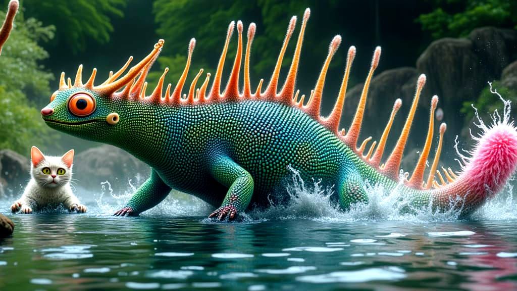 Fast Cat and Lizard Race Through Water with Extra Fingers