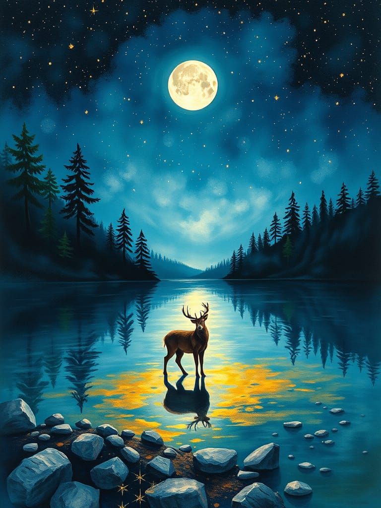 Luminous Deer in Moonlit Lake: Impasto Gouache Painting