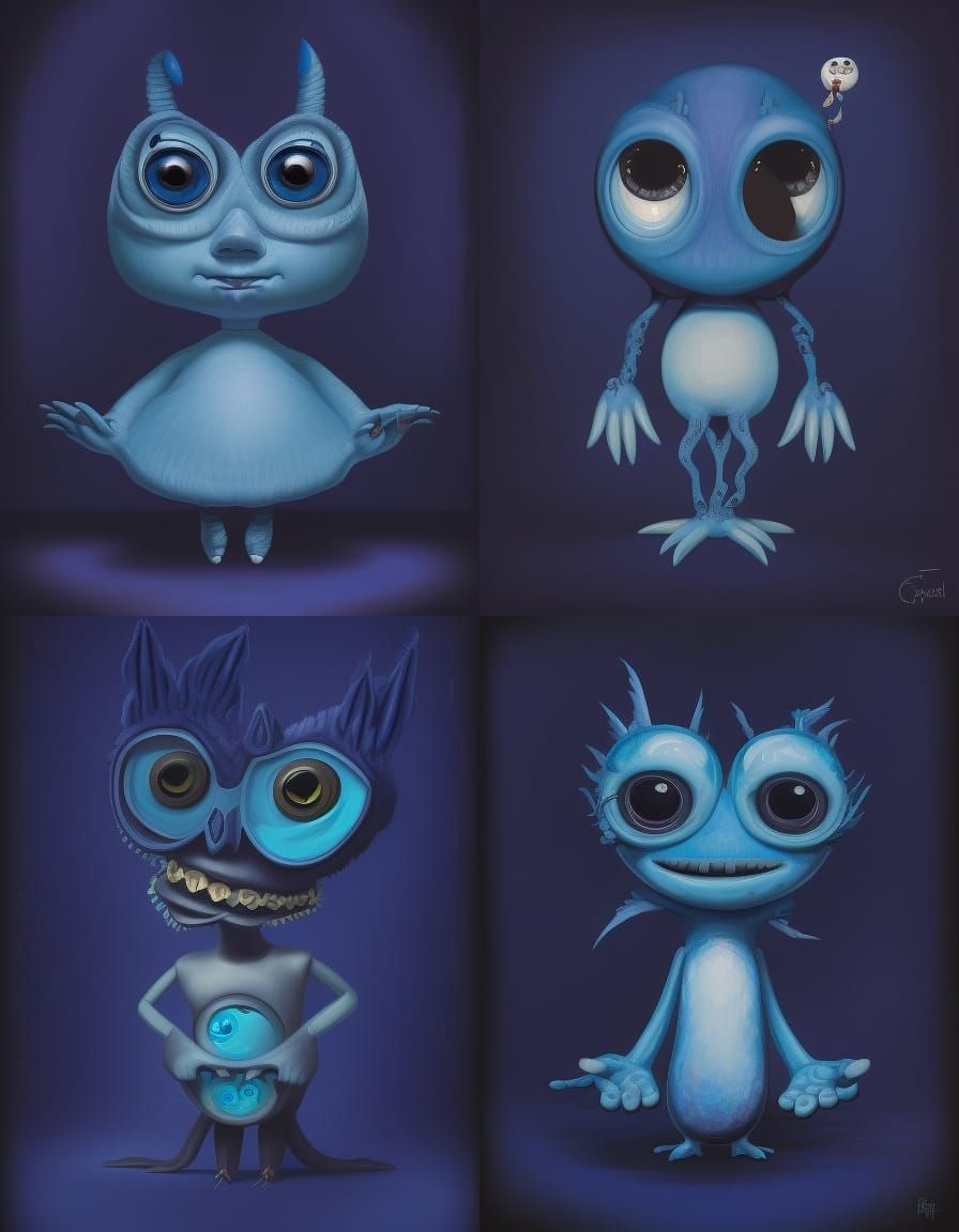 a painting of a blue monster with big eyes, blue mask clearly visible, picture clearly visible, a character portrait by ...