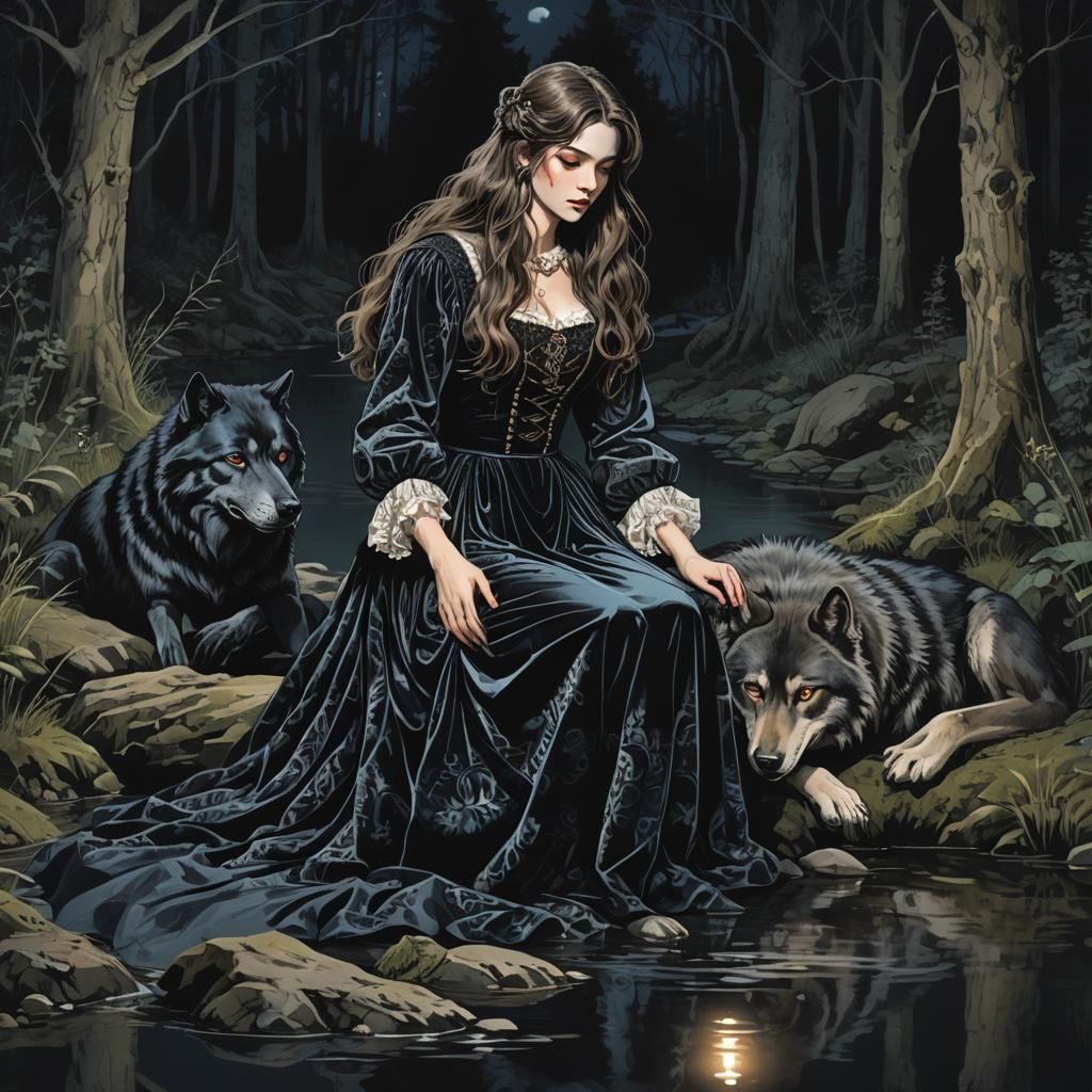 A girl and her faithful wolf companions are resting near a s...
