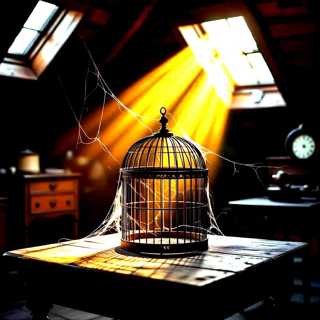 Empty Birdcage in Attic with Hopeful Light