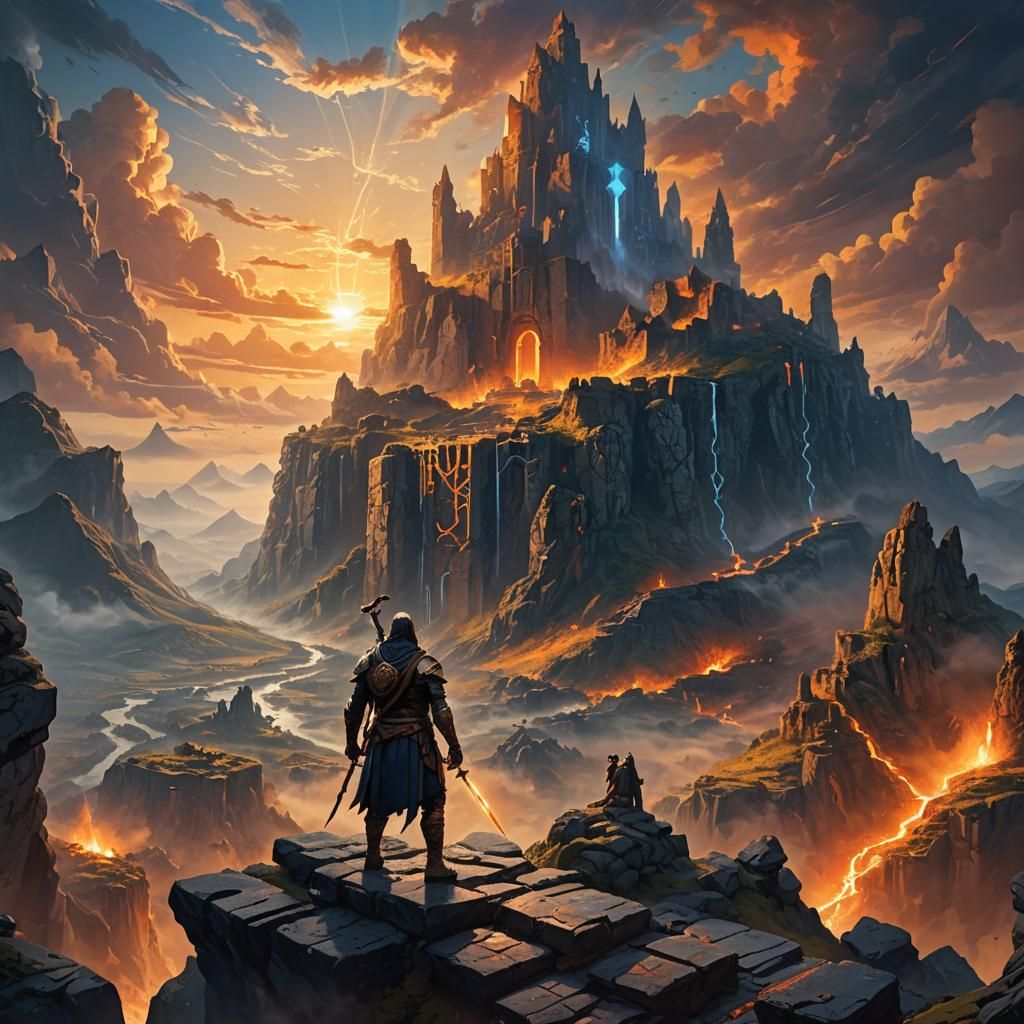 Heroic Warrior at Sunrise in Fantasy Landscape
