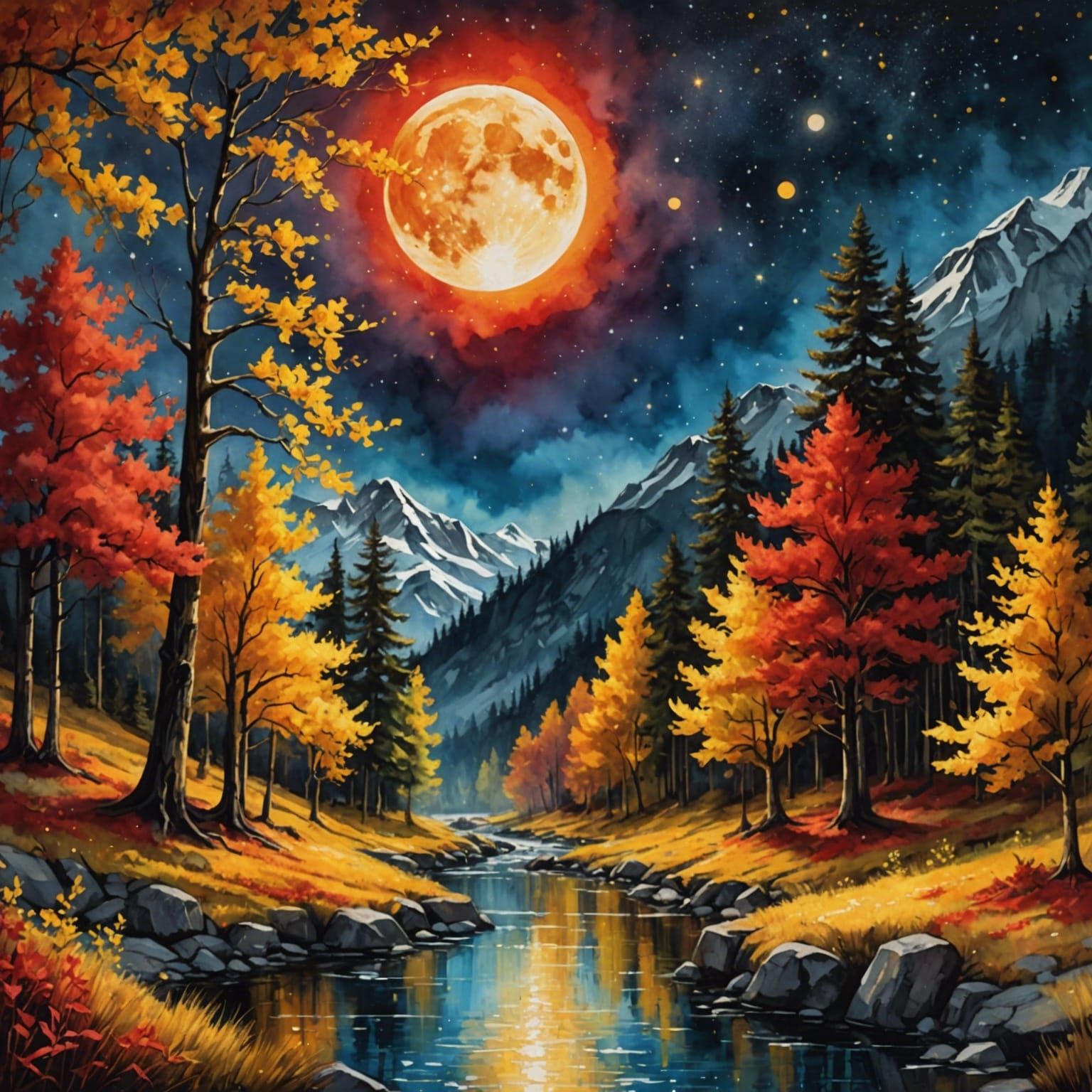 Golden Enchanted Forest with Creek in Detailed Painting