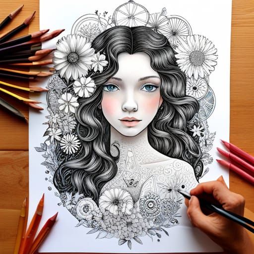 Girl with Animals: Fairytale Vector Line Art