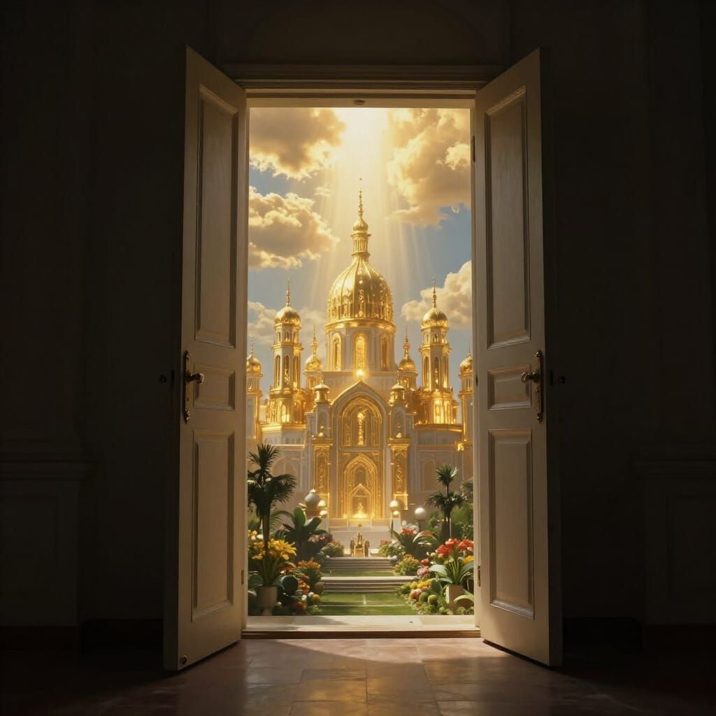 Divine Light Reveals Golden City Through Open Door