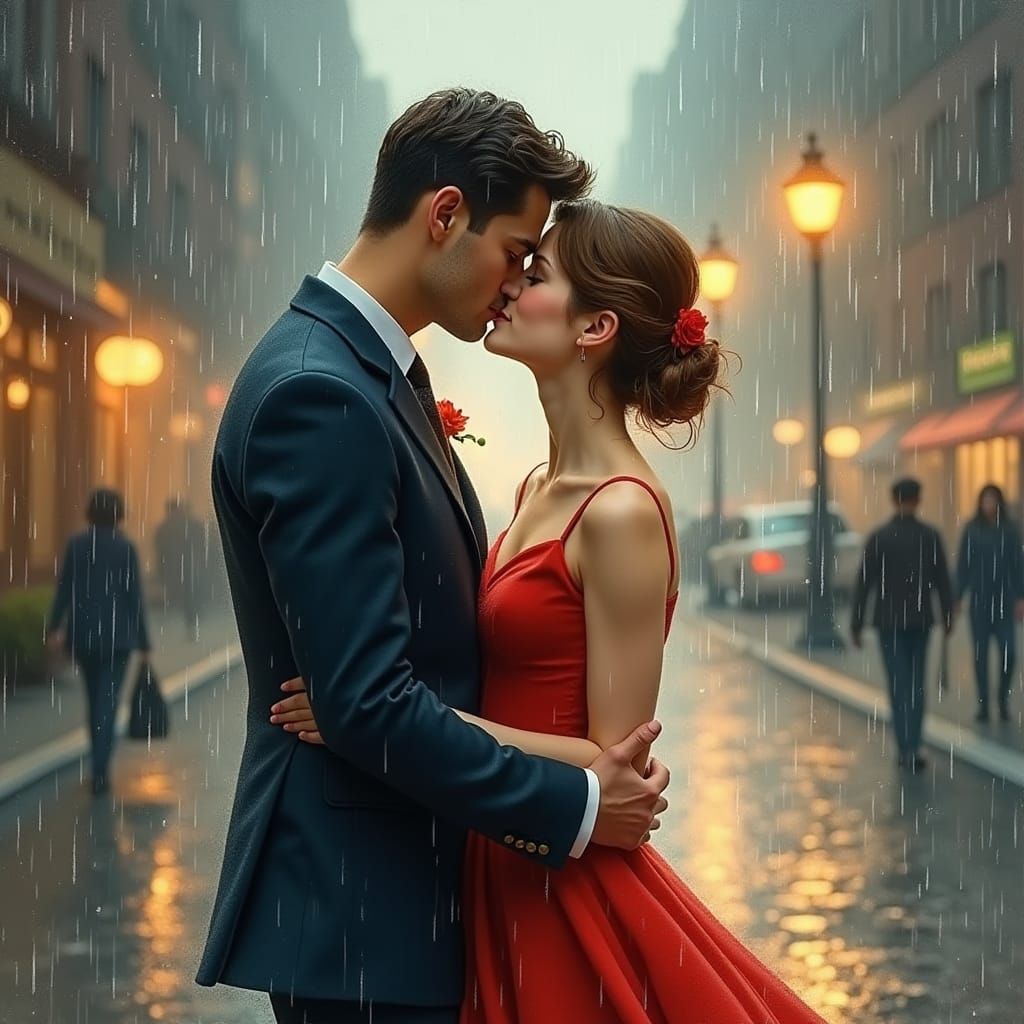 Romantic Couple Kissing in Rainy City, Watercolor Style