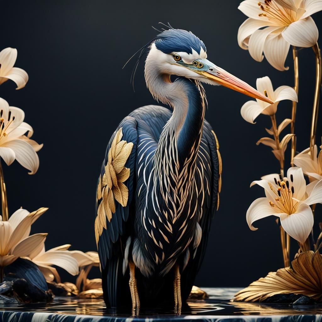 Metallic Heron with Gold Details in Art Deco Style