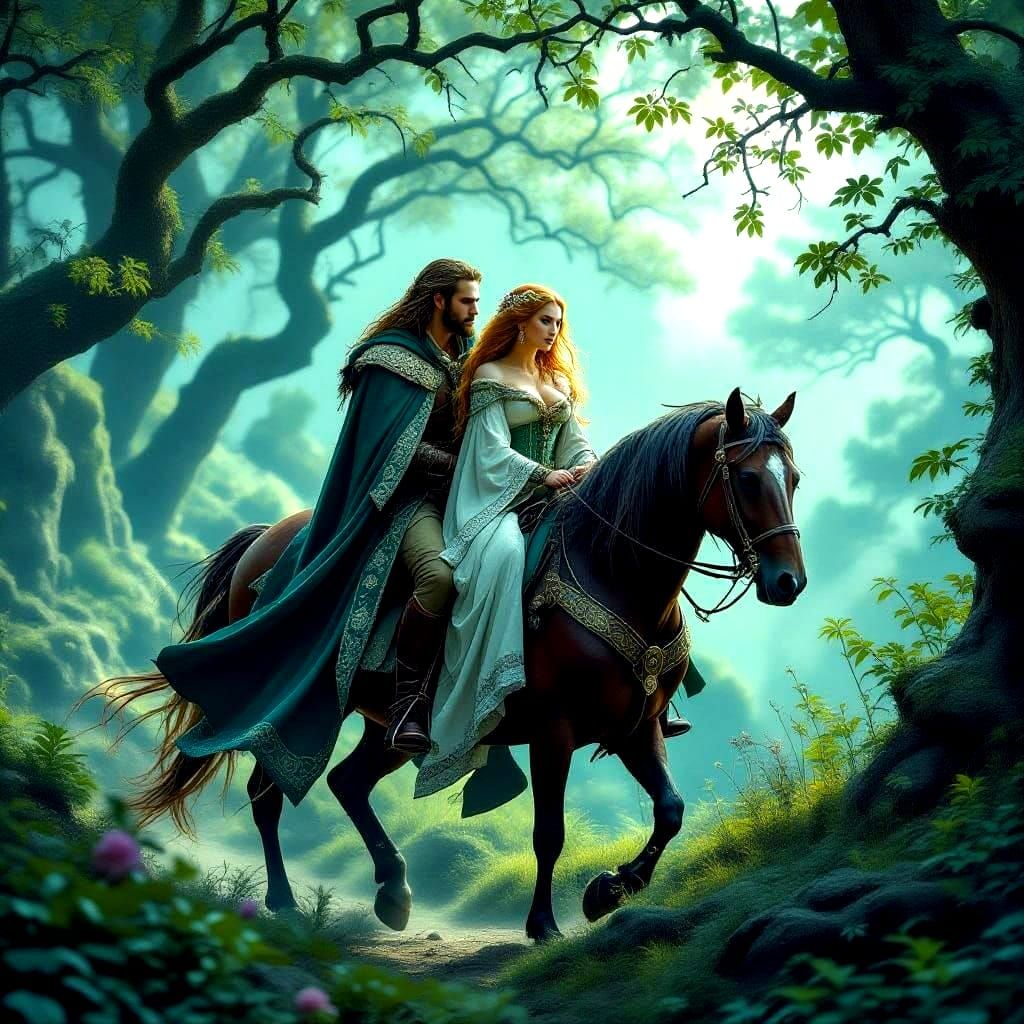 Romantic Celtic Couple Rides Through Enchanted Woodland