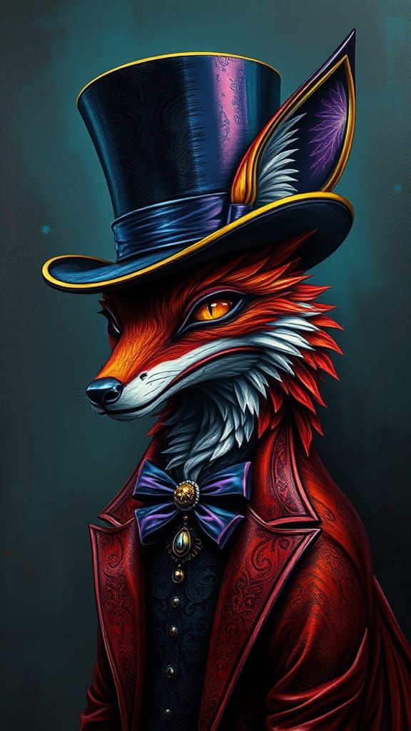 Iron Colored Fox wearing a Top Hat Tim Burton contrasting co...