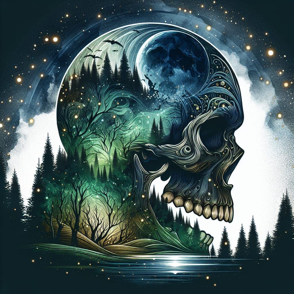 Double exposure intricate skull + dark green trees