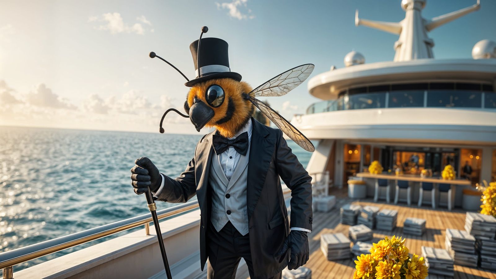 Bee in Tuxedo on Yacht Surrounded by Cash