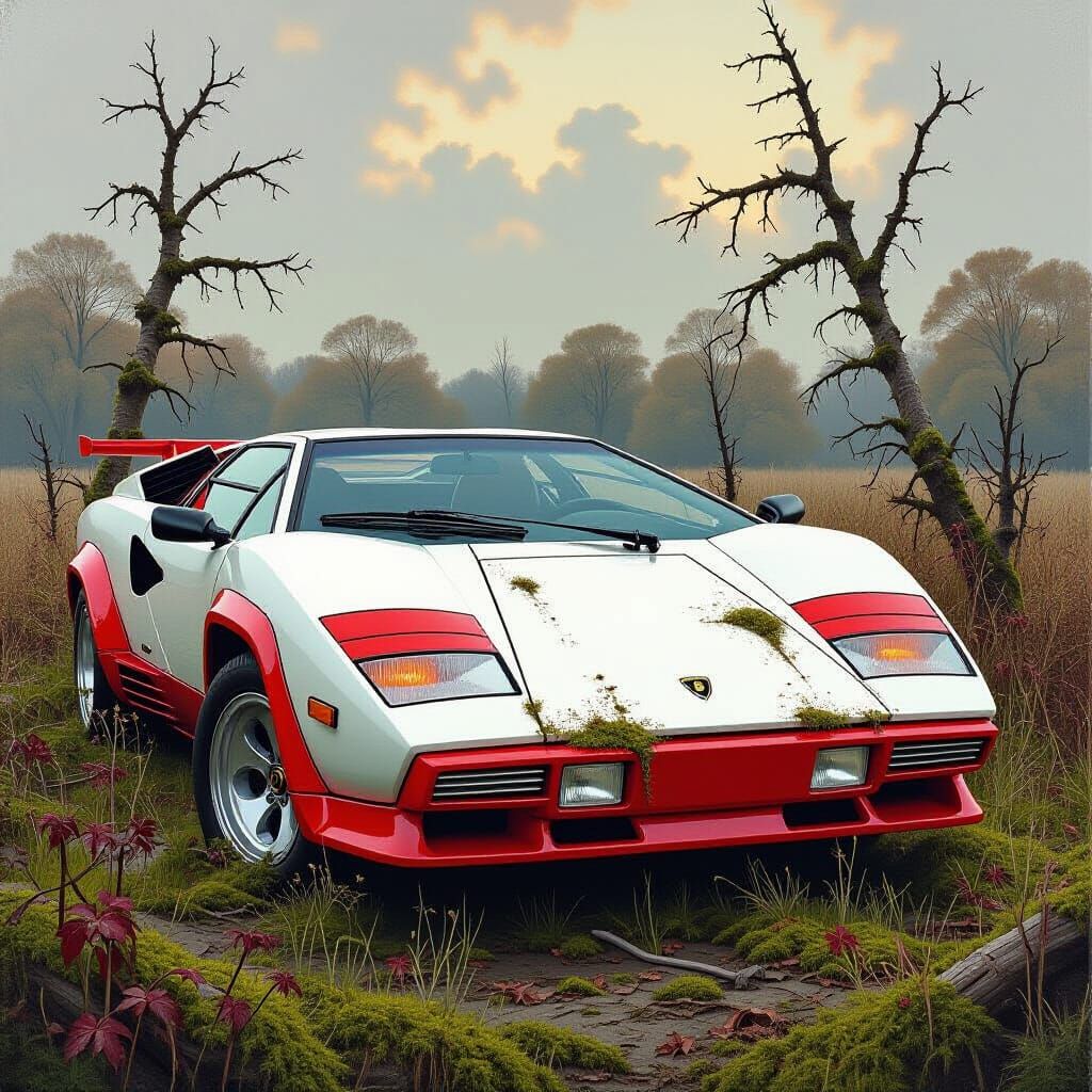 Moss-Covered Lamborghini Countach in Overgrown Field