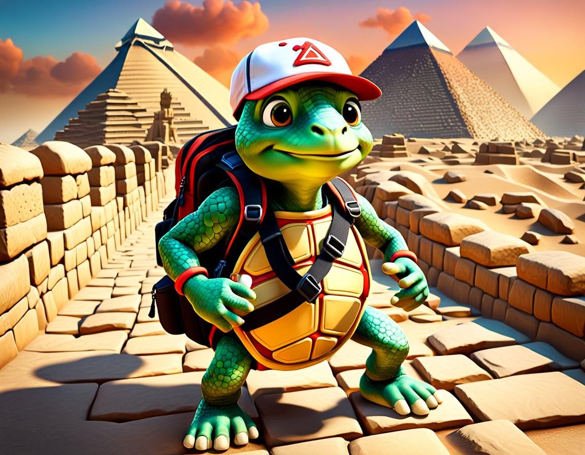 Anthropomorphic Turtle Visits the Great Pyramids: Pixar Styl...