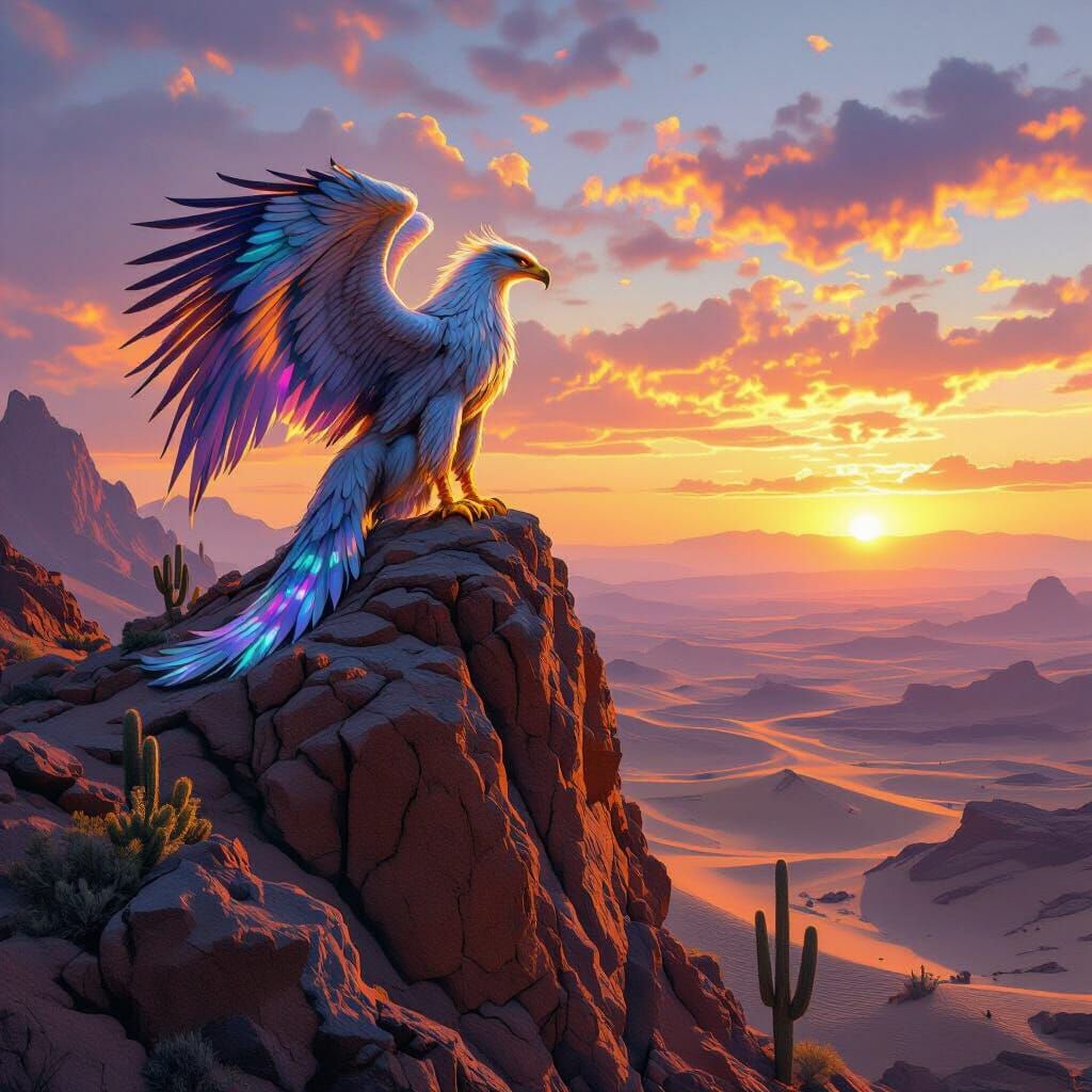 Imagine a majestic griffin perched atop a towering mesa, its piercing gaze fixed on the horizon. The surrounding desert ...