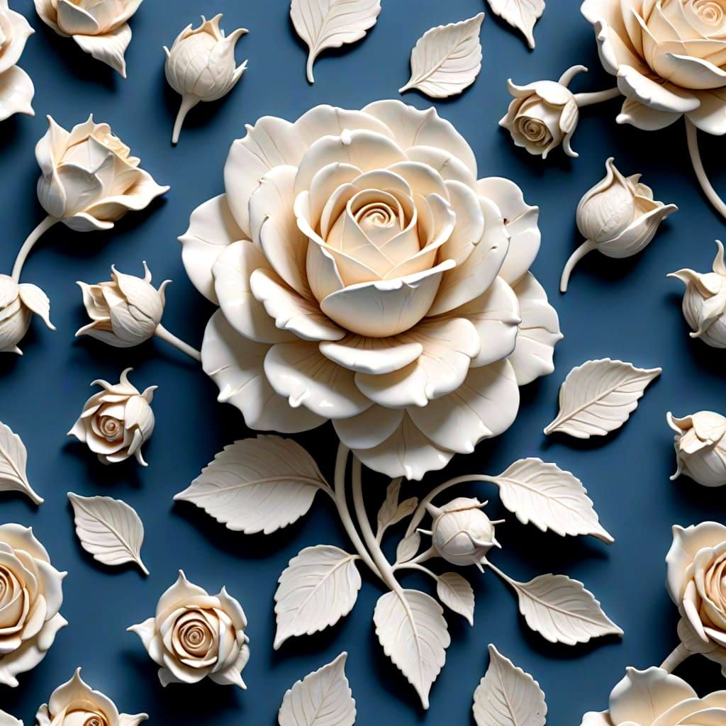 Delicate White Porcelain Roses in Raspberry Ripple Pattern