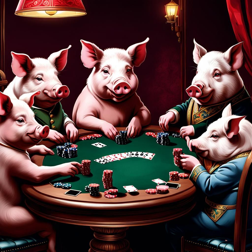 Anthropomorphic Pigs Playing Poker Game