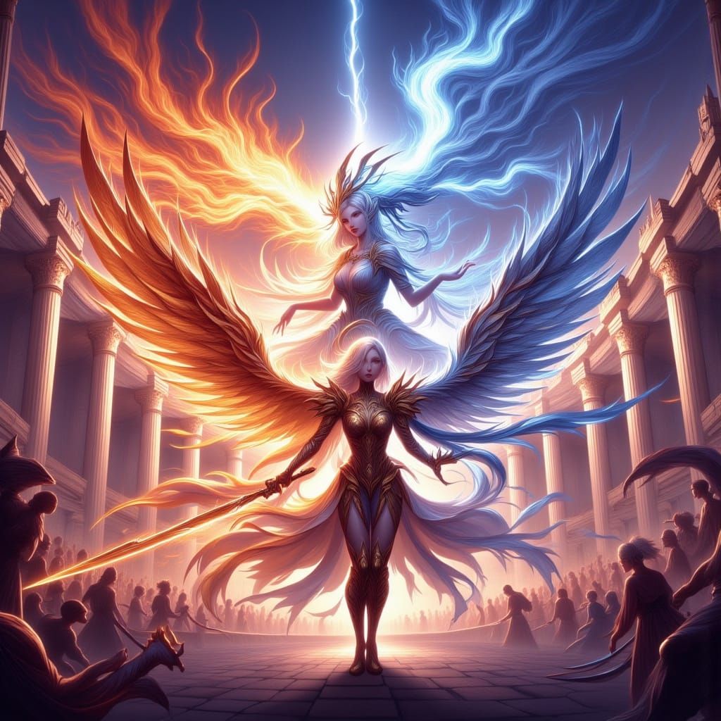 Celestial Anime Battle: Golden Warrior vs. Storm Figure