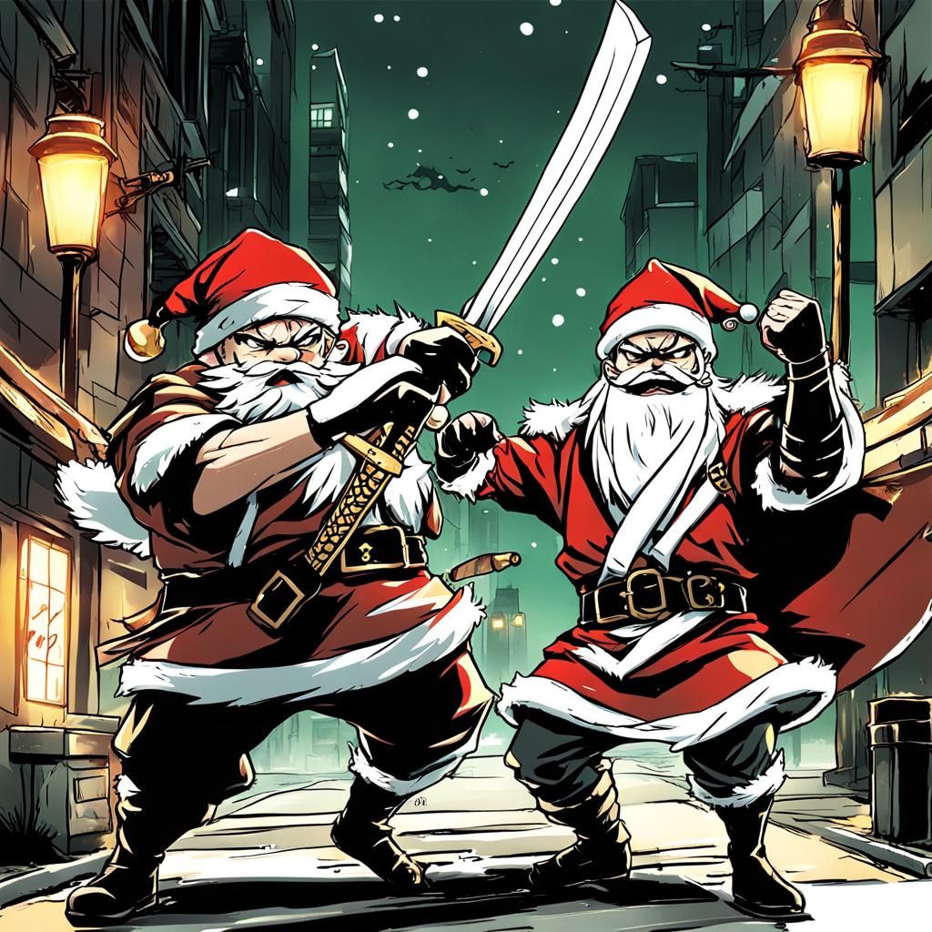 Ninja Santa Claus Fighting Crime in Anime Style