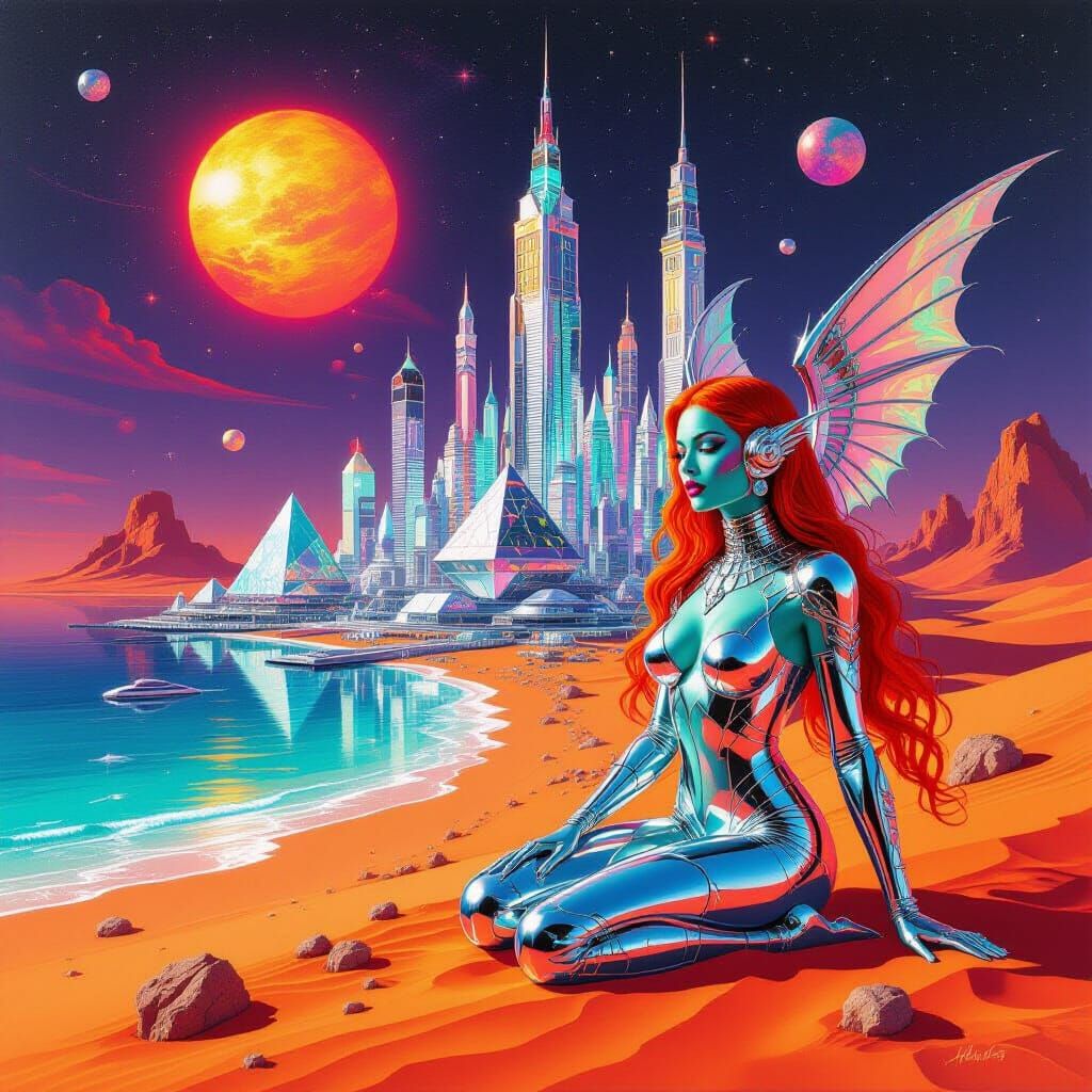 Surreal Nuclear Desert with Bioluminescent Beach and Alien C...