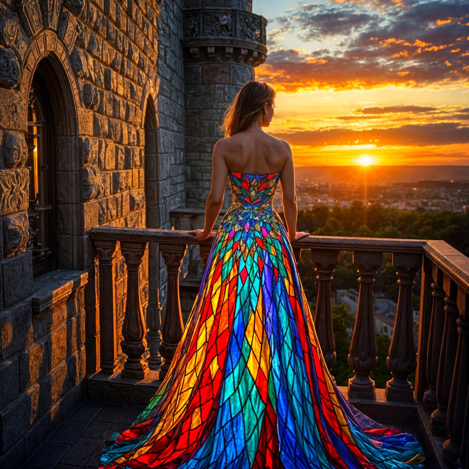 Ethereal Stained Glass Beauty in Sunset Castle Scene