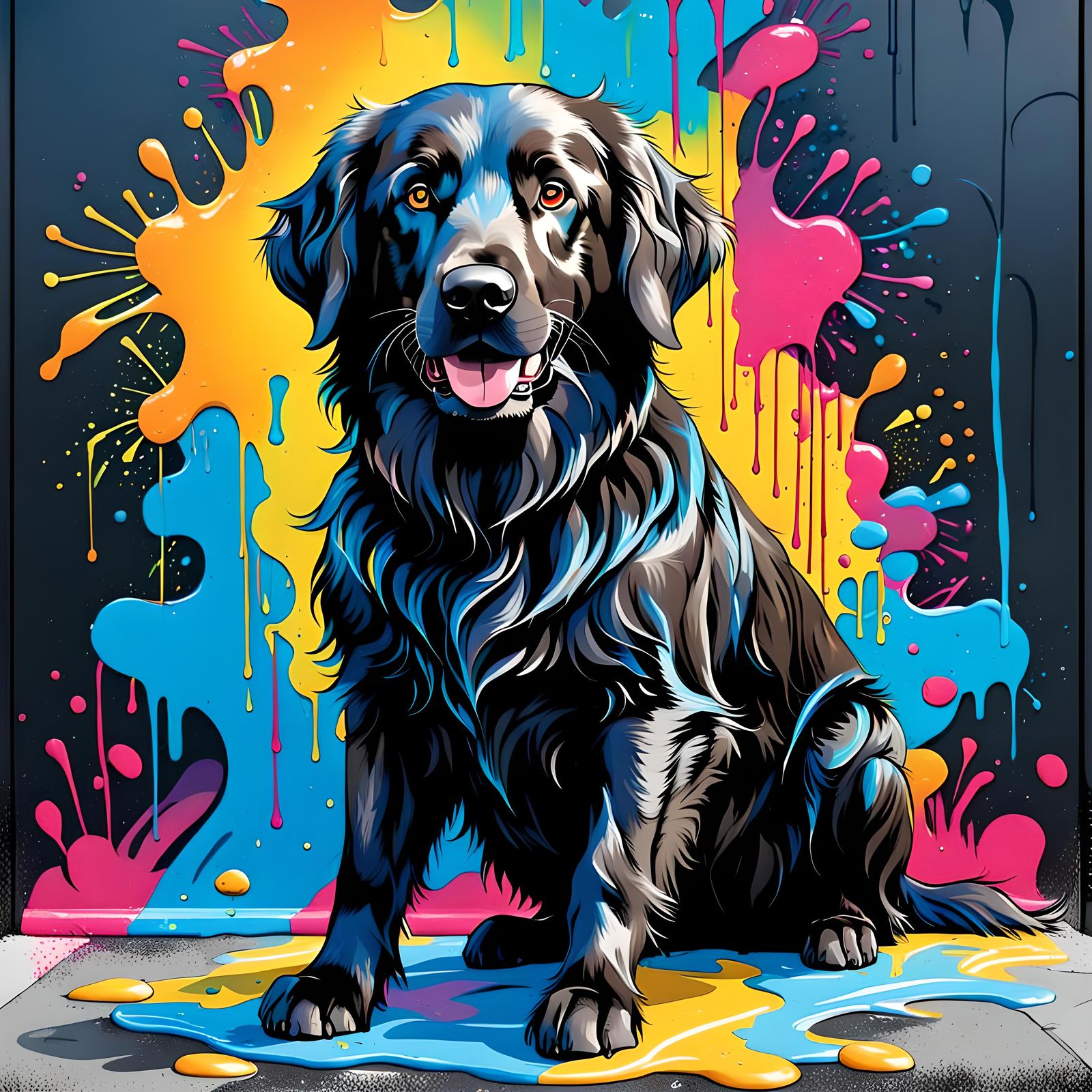Black Flat-Coated Retriever Dog in Splash Art Style