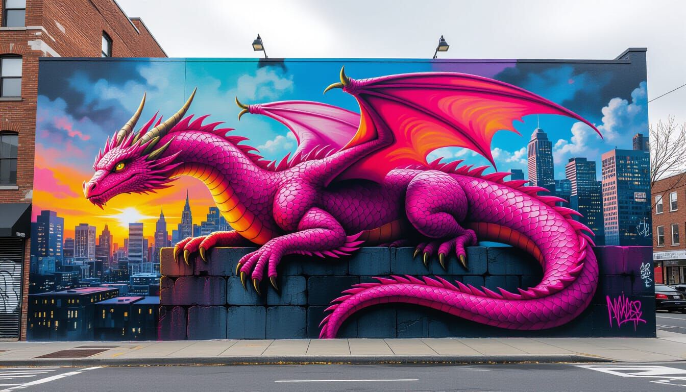 Pink Dragon Graffiti Mural in Polychromatic Street Art Style