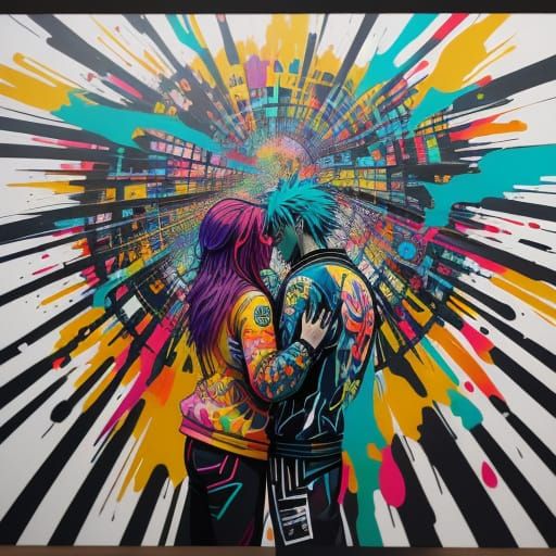 Vibrant Cityscape Couple in Anime-Inspired Street Art