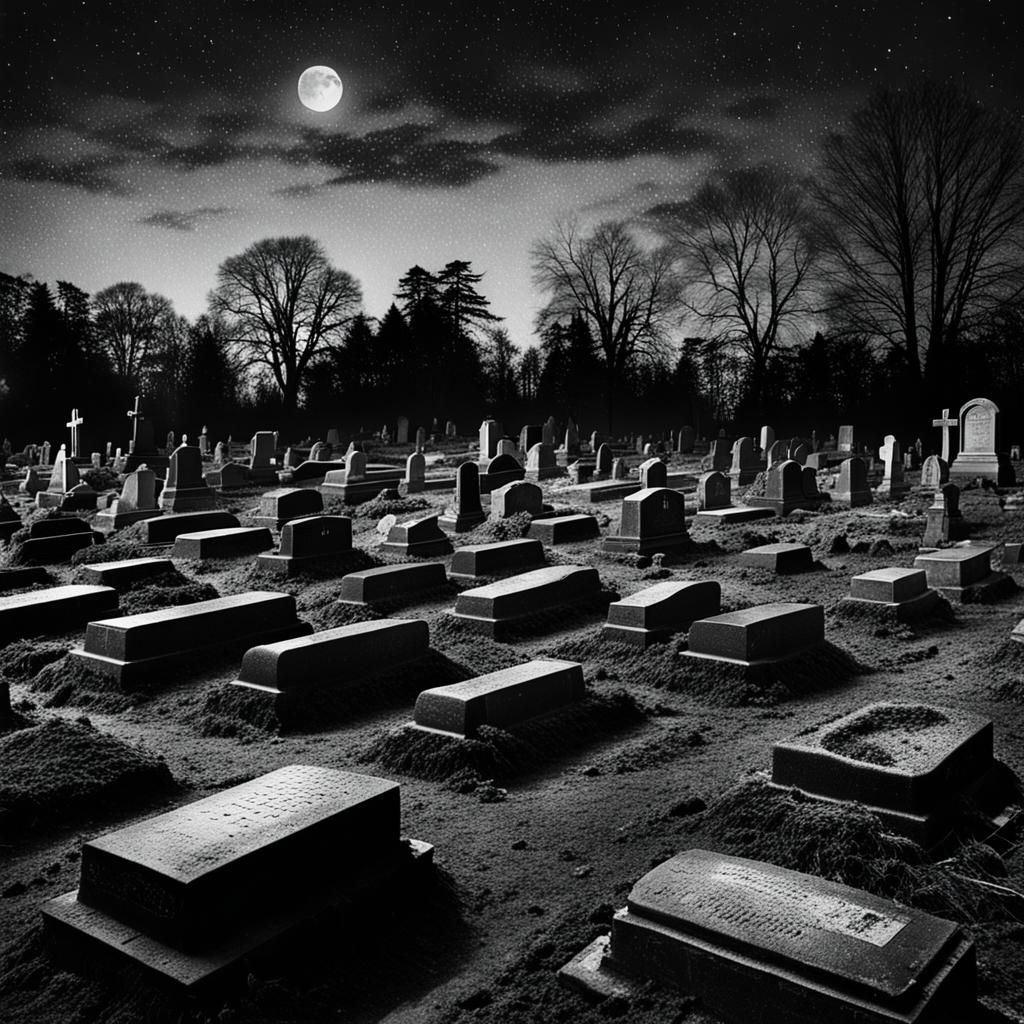 Antique Cemetery with Open Graves in Black and White