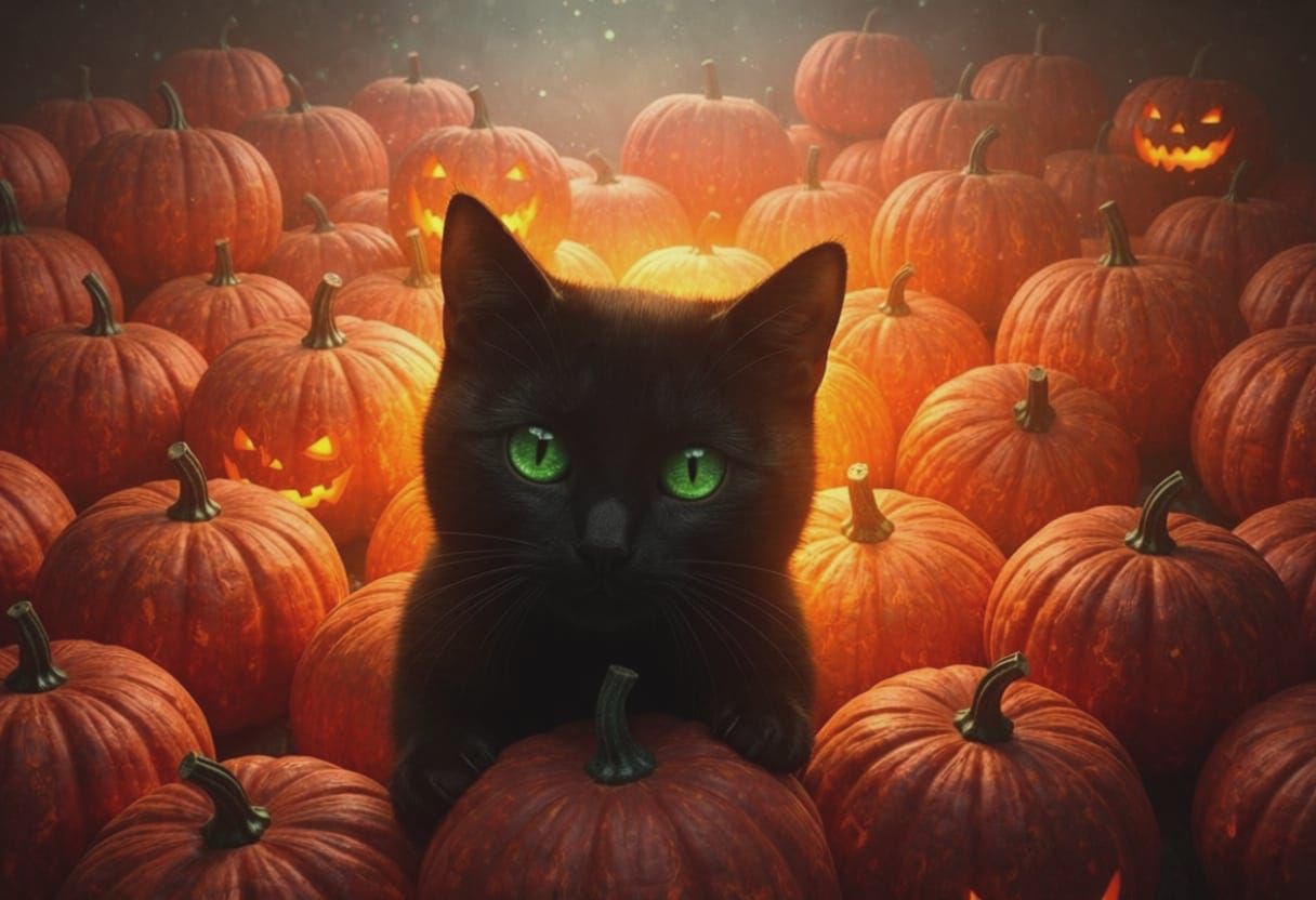 Magical Black Kitten Among Glowing Pumpkins